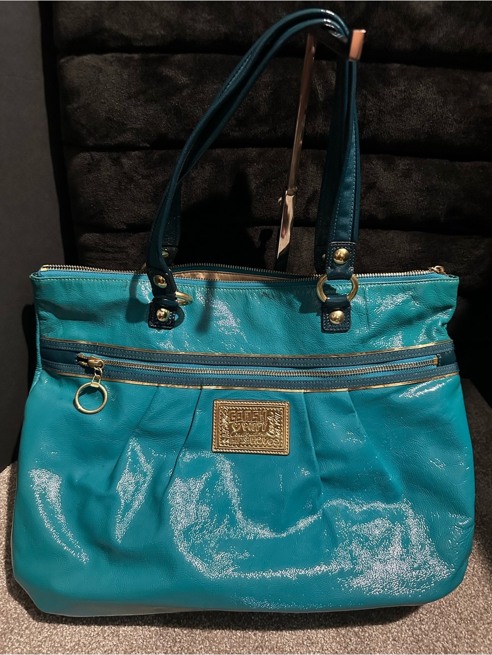 Vintage Coach Poppy Teal Patent Leather Shoulder Bag with Gold Hardware